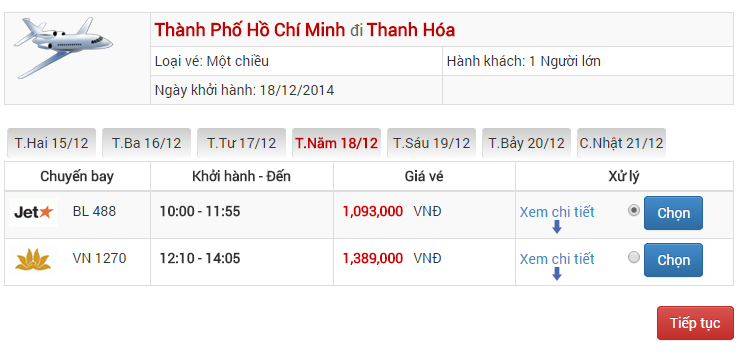 Bảng giá vé máy bay Sài Gòn Thanh Hóa