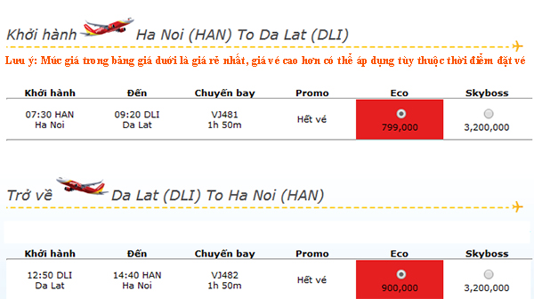 Vé máy bay Đà Lạt Hà Nội giá rẻ