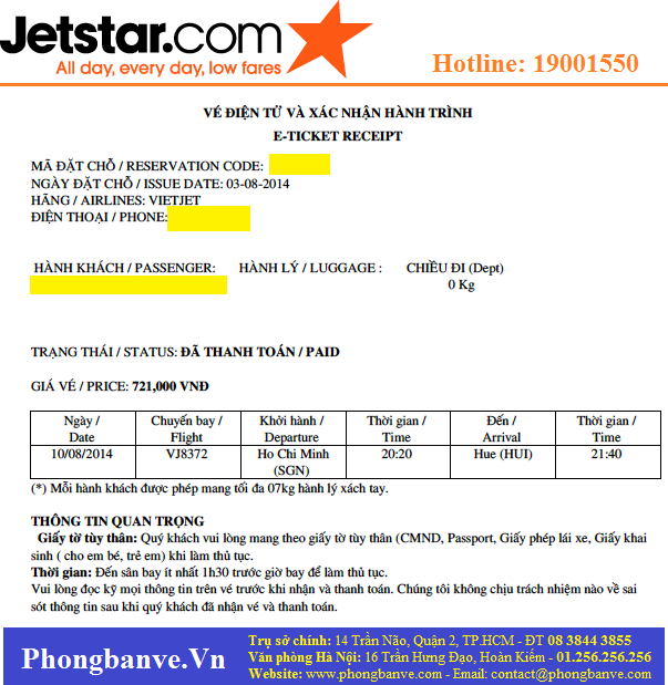Vé điện tử của Jetstar