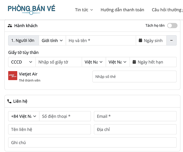 Điền thông tin hành khách