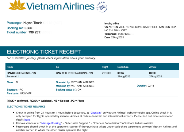 Vé điện tử sẽ được gửi qua Zalo cho hành khách